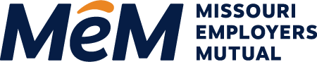 Missouri Employers Mutual Insurance Logo. Blue letters MeM with an orange swoosh over the e