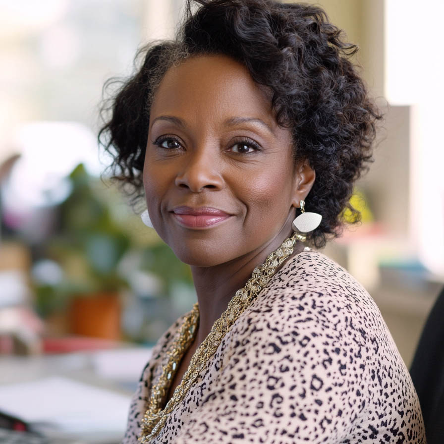 Woman sitting at her work desk smiling at the camera