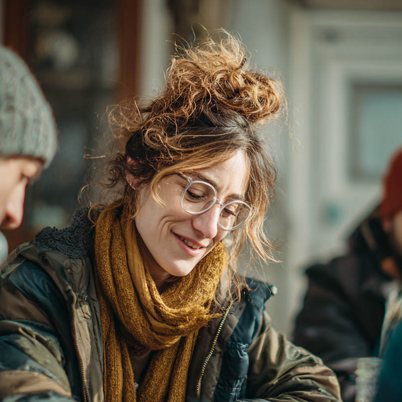 Woman looking down at something while with other people